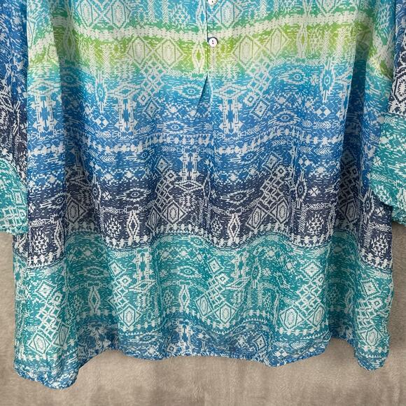 Catherines Top Womens 3XWP Blue Santa Fe Aztec Lightweight Bright Beach Peasant - Picture 3 of 10